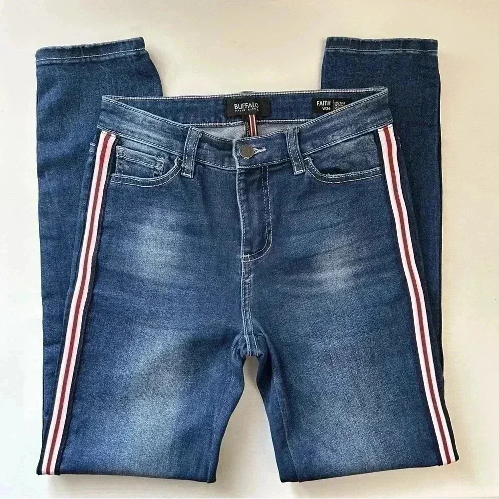 Buffalo Skinny Jeans Faith Side Stripe Mid Rise Ankle Crop Stretch Blue Size 26 - Picture 14 of 14